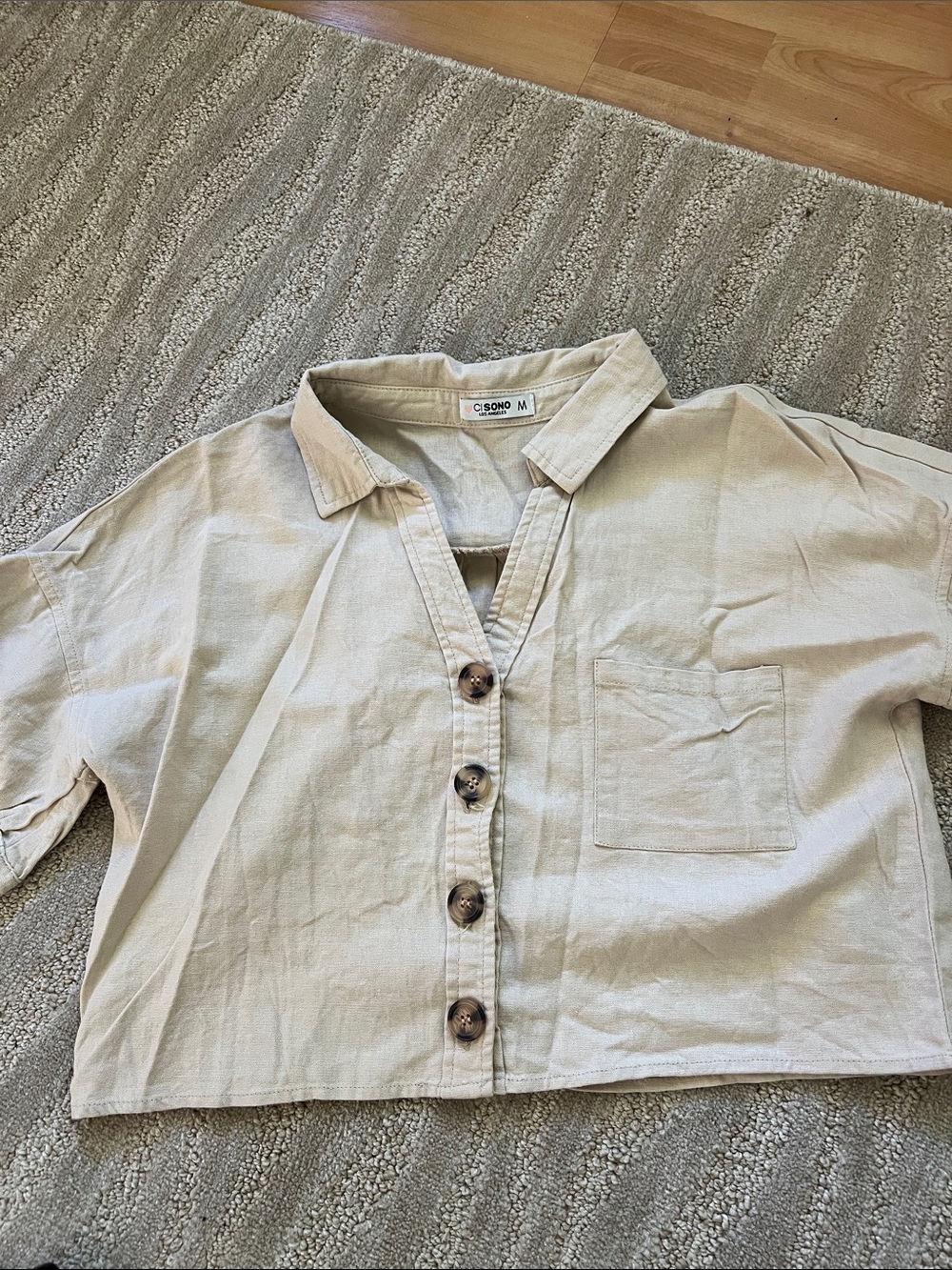Ci Sono Beige Cropped Button-Front Shirt with Pocket